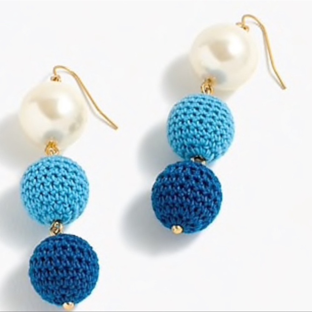 JCrew Blue Crochet and Pearl Drop Earrings with gold details. Lovely.